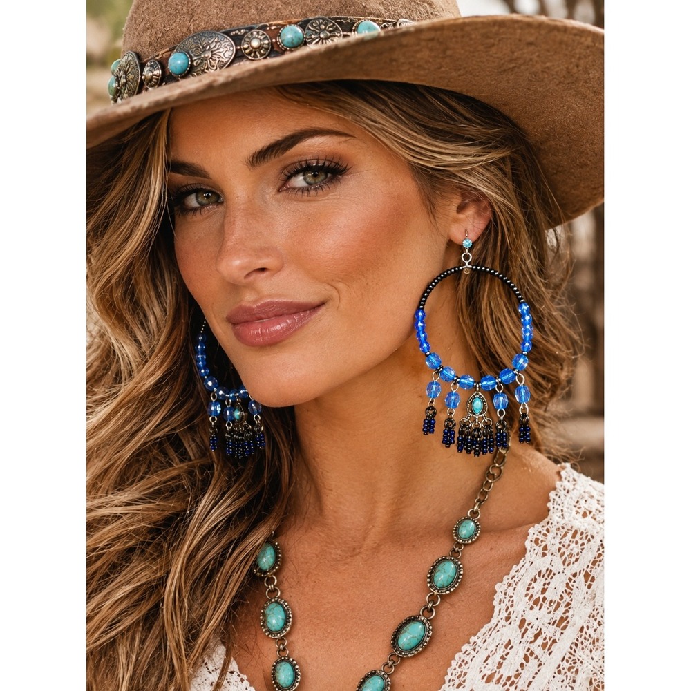 Blue Black Beaded Hoop Chandelier Earrings Long Fringe Boho Statement Dangles 4"